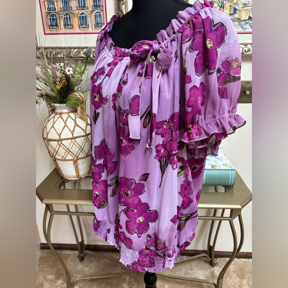 APT 9 PURPLE FLORAL PUFF SLEEVE BOW DETAIL BOHO RUFFLE PEASANT BLOUSE SIZE XL - Picture 4 of 10